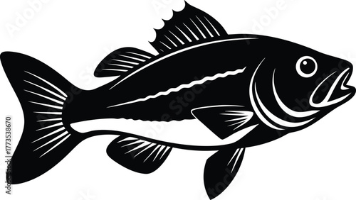 Black Fish Silhouette with Scale Detail on White Background