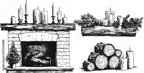 Cozy winter fireplace set illustration. Hand drawn rustic hearth, candles, pine branches, and logs in vintage sketchy line art for Christmas decor and holiday design.