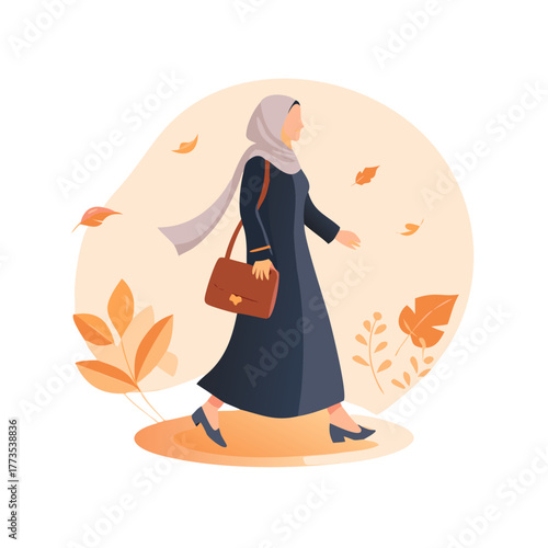 Woman in Hijab and Abaya Walking with Handbag