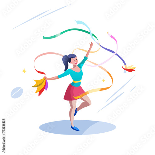 Woman dancing gracefully with colorful ribbons in modern outfit