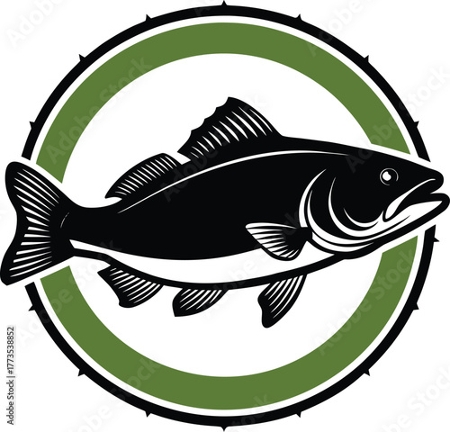 Fish Emblem With Green Accent logo black and white