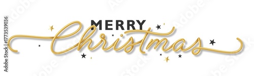 MERRY CHRISTMAS black and metallic gold typography banner with hand lettering and stars on transparent background
