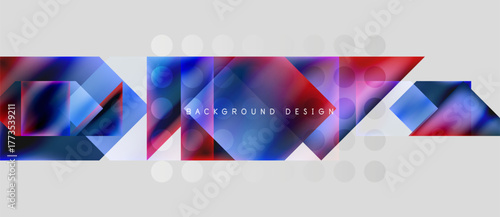 Abstract geometric shapes, vibrant colors, modern design. Red, blue hues dominate composition, creating dynamic visual effect.