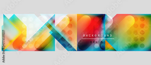 Abstract geometric composition. Overlapping shapes, vibrant colors, modern design. Background features text elements, dynamic visual effect.