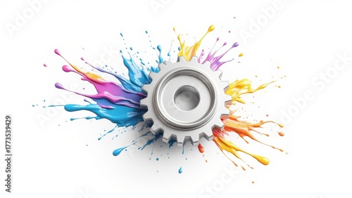Colorful splash around metallic gear