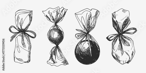 Vintage wrapped candies sketch. Elegant black and white hand drawn confectionery illustration. Retro packaging and dessert branding.