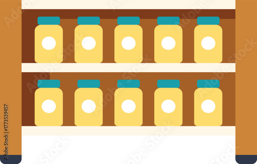 Wooden shelf displaying jars filled with honey or jam, creating a visually appealing arrangement in a supermarket or grocery store setting