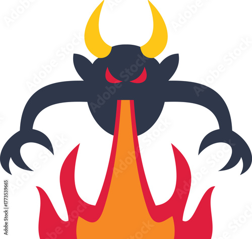 Cartoon devil spitting fire with angry expression and sharp claws, ideal for halloween projects