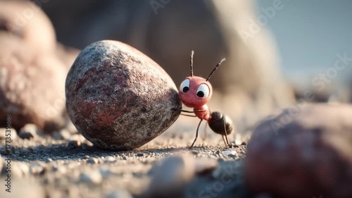Determined cartoon ant pushing a large rock, showcasing strength, perseverance, and hard work in a sunny outdoor setting.
