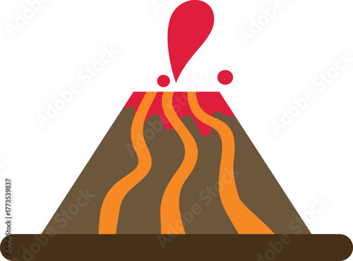 Volcano erupting with magma and lava flowing down its sides, isolated on white background