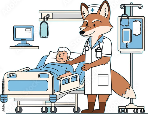 Compassionate cartoon fox doctor in a lab coat and nurse cap, comforting an elderly patient in a hospital room. A thoughtful graphic for healthcare or senior care.