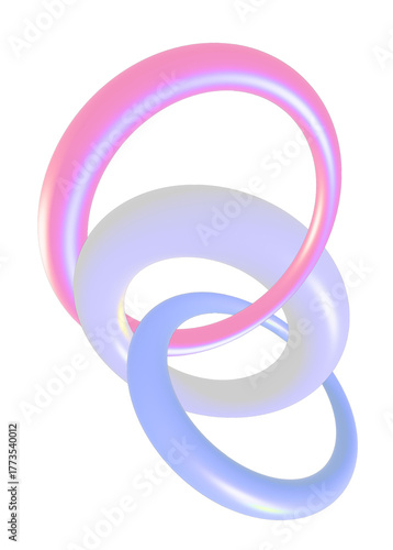 3D Holographic Donut Loops on Pastel Background. Glossy Glass Rings with Iridescent Light Effects	