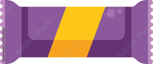 Flow pack packaging mockup for chocolate bar with purple wrap and yellow stripe, isolated on white background