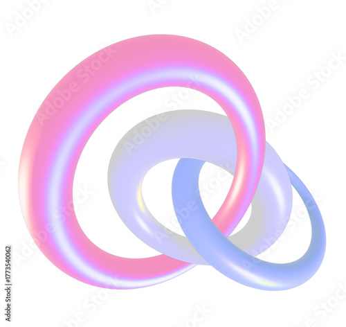 3D Holographic Donut Loops on Pastel Background. Glossy Glass Rings with Iridescent Light Effects	