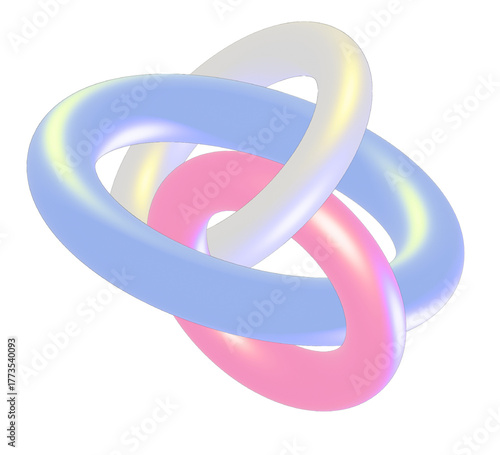 3D Holographic Donut Loops on Pastel Background. Glossy Glass Rings with Iridescent Light Effects	