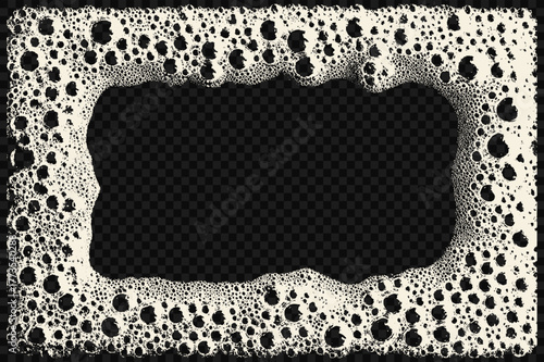 Soap bubble rectangular frame. Grunge detergent border filled with foam texture and lather for cleaning or cosmetic product backgrounds.