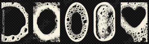 Mixed shape soap foam set with oval and heart forms. Creative vector detergent texture collection for washing, cleaning, and cosmetic product packaging design.