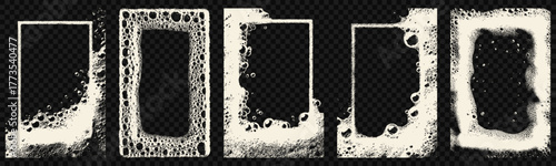 Transparent white soap frame collection with foam bubbles. Grunge detergent rectangle borders for glass washer, bath, and cleaning product backgrounds.