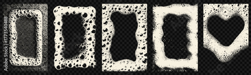 Soapy rectangular and heart foam frame set. Creative detergent texture overlay for washing, cleaning graphic projects.