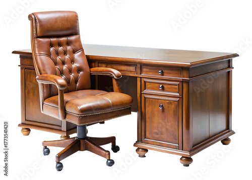 Wooden Desk With Brown Leather Chair. isolated on white background ,PNG. AI Generated