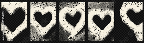 Foam heart shape frame set with soap bubbles. Romantic detergent borders for hygiene or cosmetic packaging designs.