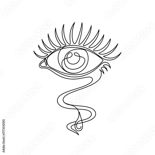 A surreal, abstract eye with dramatic spiky lashes and a swirling pupil, illustrated in a minimalist continuous one-line art style