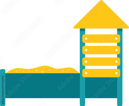 Colorful sandbox with a yellow roof and climbing ladder, perfect for children's playground fun and outdoor activities