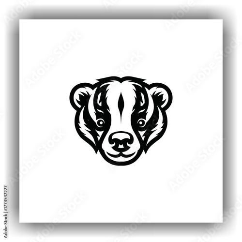 Honey badger head, minimalist black and white vector. The strong lines and sharp facial expression reflect strength, assertiveness and courage.