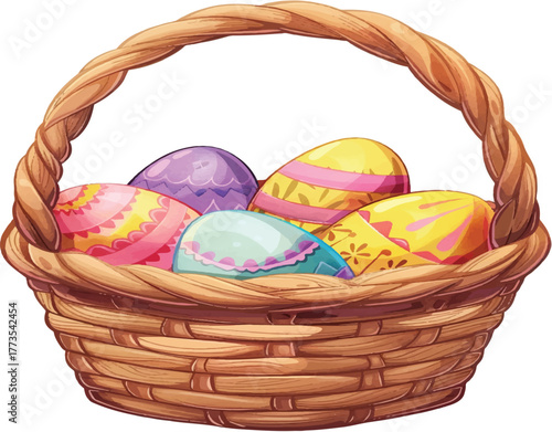 easter basket with eggs, clipart in the style of digital illustration, cute and colorful, isolated on a white background, 3d clay design, vector illustration