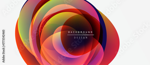 Abstract colorful layers create dynamic circular design. Vibrant hues blend, forming modern visual impact. Simple, clean aesthetic.