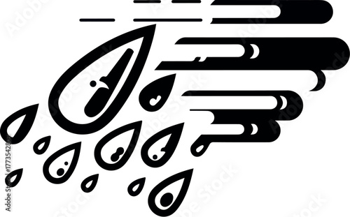 Black and white illustration of stylized raindrops falling from abstract shapes on a plain white background.