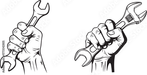 Hand Holding Wrench in Black and White Vector Illustration, Hand holding an adjustable wrench in detailed black and white sketch style. Vector illustration.....
