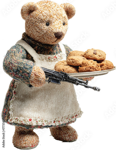 firearm-authenticated knitted teddy bear with an apron holding a tray of cookies on a white background