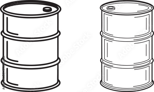 Oil barrel icons in outline and silhouette styles. a metal oil barrel, isolated on white background.