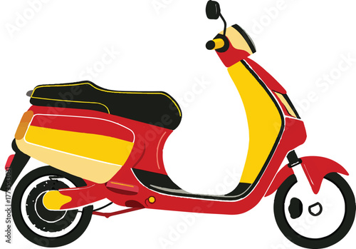 flat vector illustration of an electric scooter bike, with a red and yellow color theme on a white background. the design uses simple shapes, without any shading details