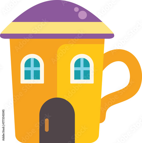 Whimsical illustration of a yellow mug shaped like a house, featuring a purple roof, windows, and a welcoming door