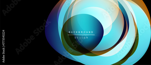 Abstract layered circles create dynamic visual effect. Bright colors blend, forming modern background design. Smooth gradients enhance depth.