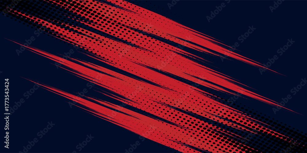 Fototapeta premium Red halftone dots, blue color pattern, gradient grunge texture background. Pop art comic sports style vector illustration of dots