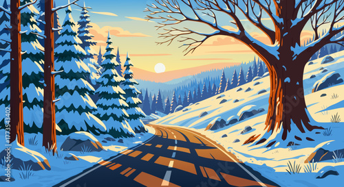 Winter Road at Sunset Snowy Mountain Landscape Painting