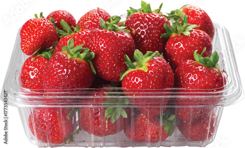 fruit packaging, a plastic box filled with strawberries, against a white background, front view, high-definition photography, with bright and soft lighting, high resolution