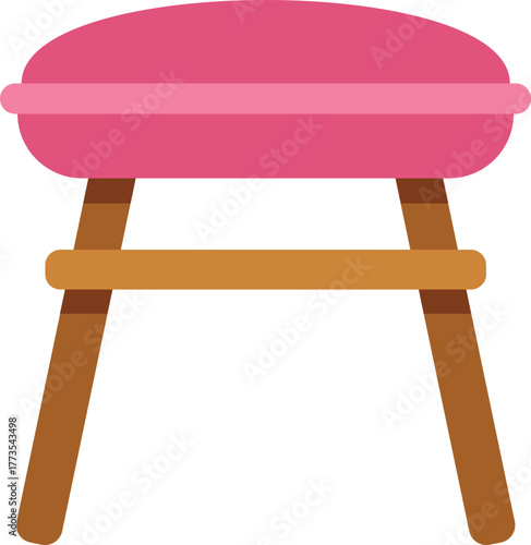 Comfortable pink padded stool with wooden legs isolated on white background, perfect for dressing tables or vanity areas