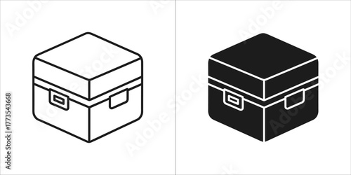 Isometric outline and solid black icon of a closed box with handles