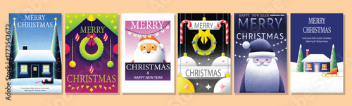 Christmas Holiday Card Collection with Santa Claus and Winter Landscape Scenes