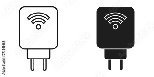 Isometric outline and solid black icon of a wifi signal booster plug