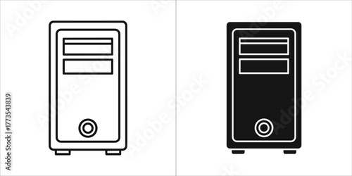 Computer tower icon in outline and solid black