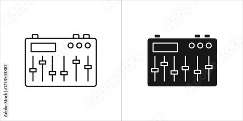 Black and white line art and silhouette of a compact audio mixing console with sliders and knobs