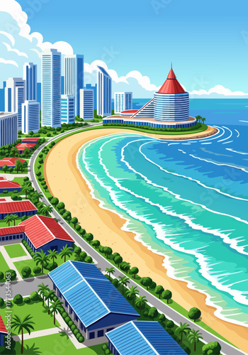 Vibrant Tropical Cityscape with Beachfront Buildings and Ocean Waves Under a Clear Blue Sky