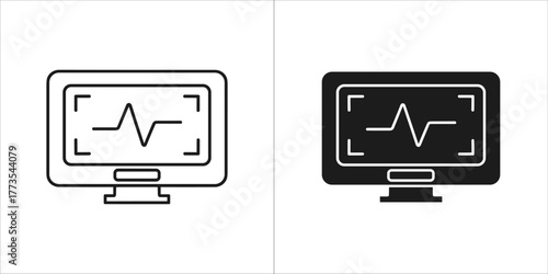 Outline and filled black icon of a monitor displaying a heart rhythm