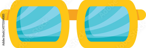 Stylish yellow sunglasses reflect a clear summer sky with clouds, offering a fashionable and protective accessory for sunny days