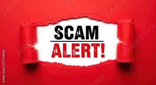 Red torn paper reveals scam alert warning message typography text
